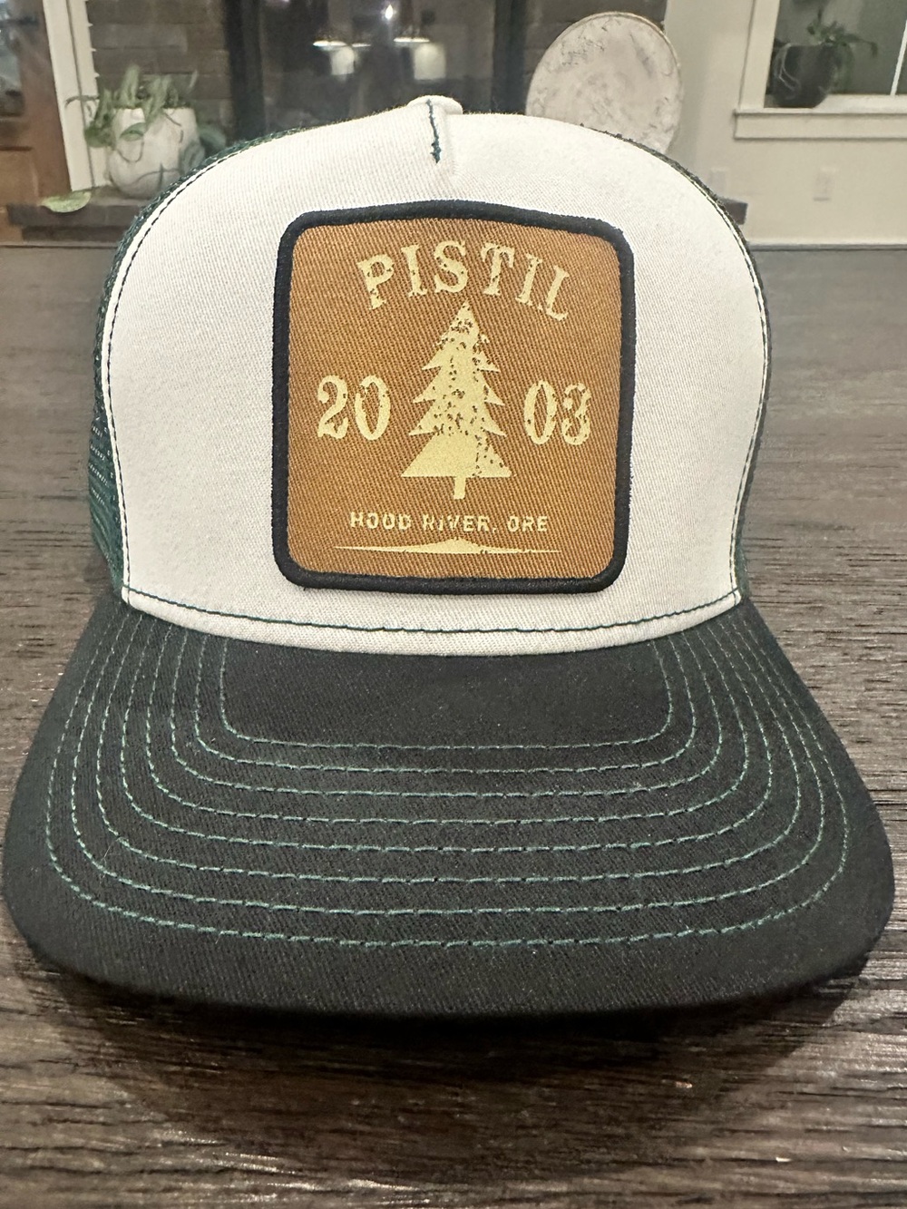 pistil Green and White Trucker Hat with Brown Patch
